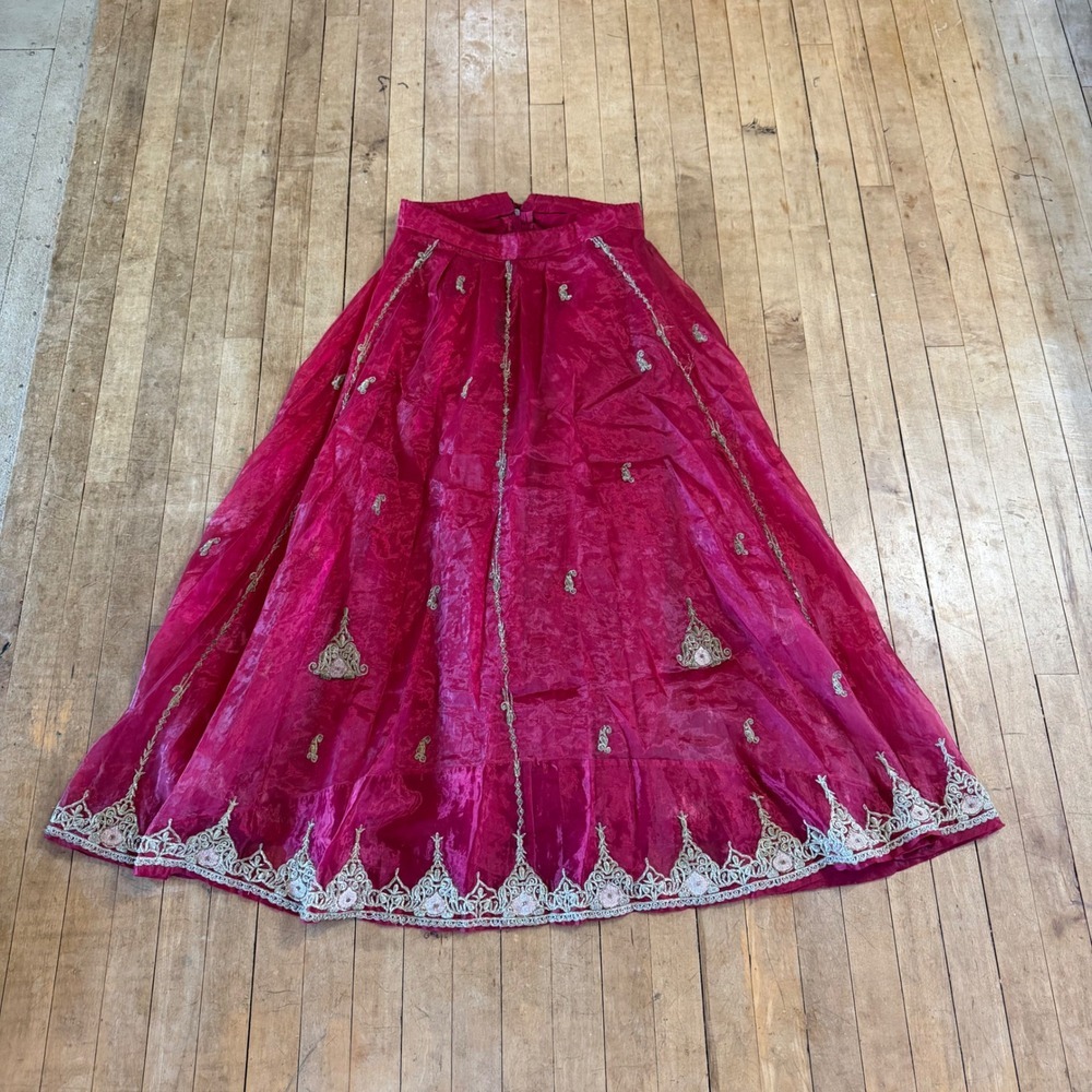 Vintage Fuchsia Pink Gold Zardosi Embroidered Lehenga Skirt Ethnic Maxi Tassels